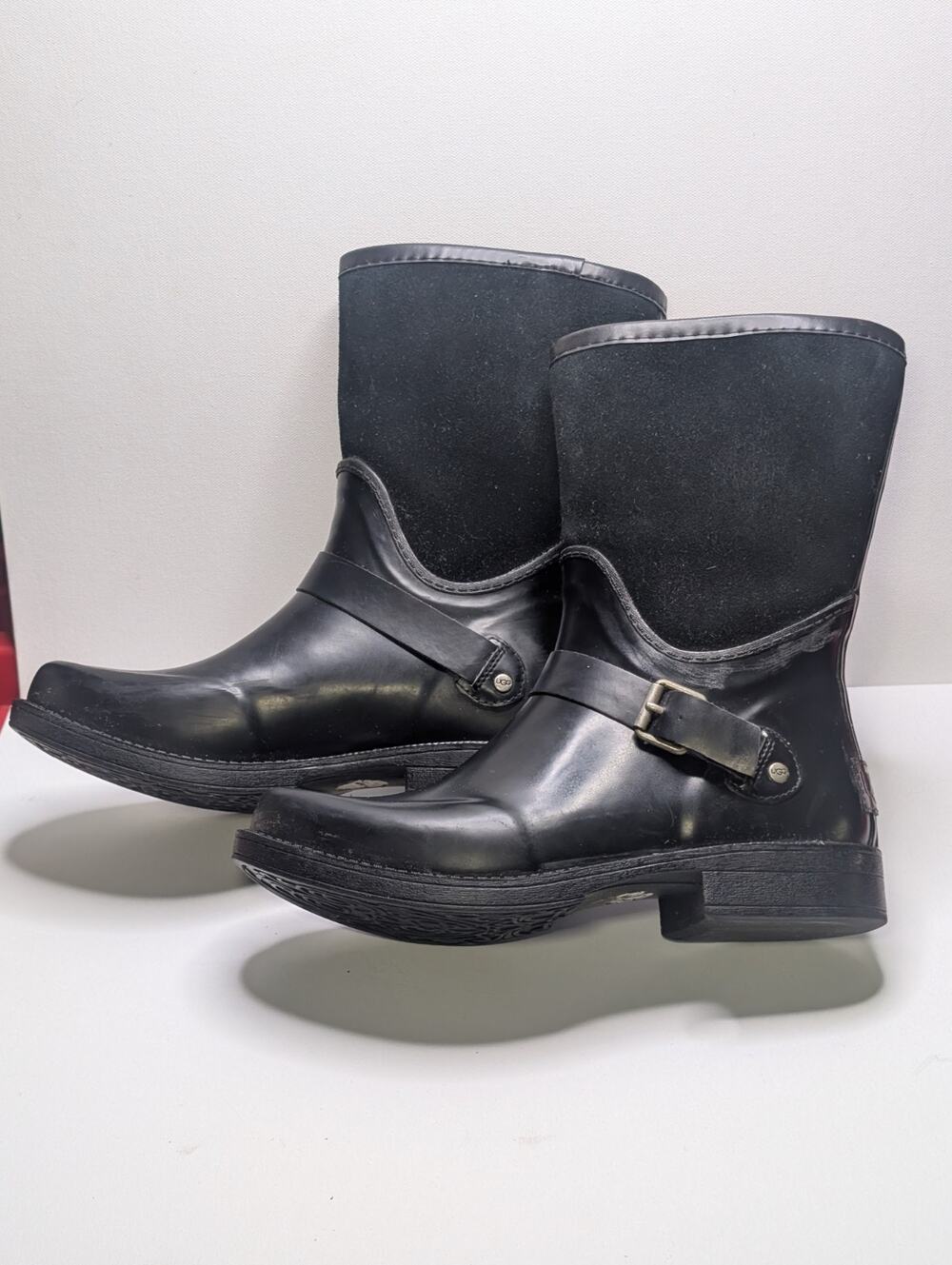 UGG S/N 1014457 Women’s Black Waterproof Rain Boots Size 7 Buckle Mid Calf